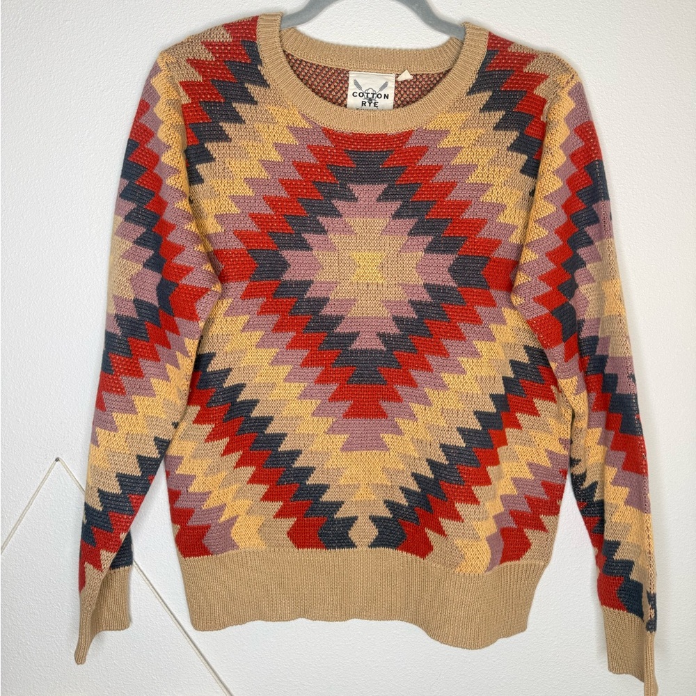 Cotton & Rye sweater The Firestone Aztec Border Star Print Southwest knit multi